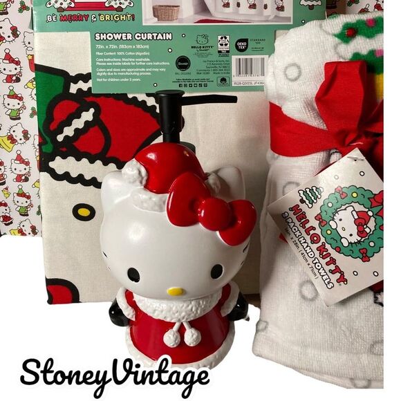 Hello kitty Christmas Shower Curtain, dispenser and hand towel set - Picture 9 of 10
